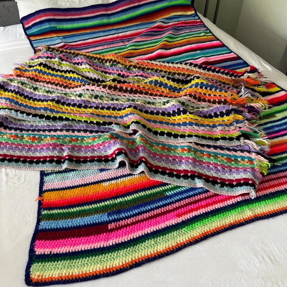 2pc! Vintage Handmade Crochet Afghan Blanket Rainbow Stripe Throw Fringed 48x68